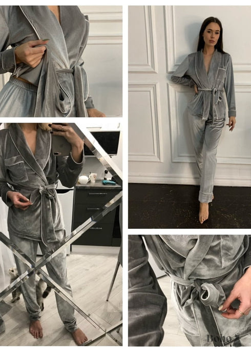 Pijama bohemio, conjunto de pijama de terciopelo Denise en gris y rosa.